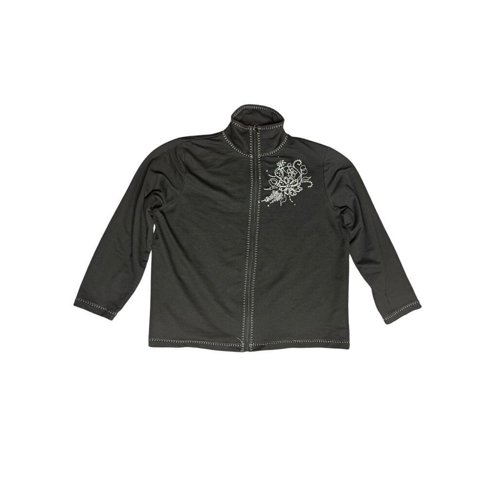 Shenanigans Petite PXL Black Zip Sweater Jacket White Floral Embroidery Full Zip